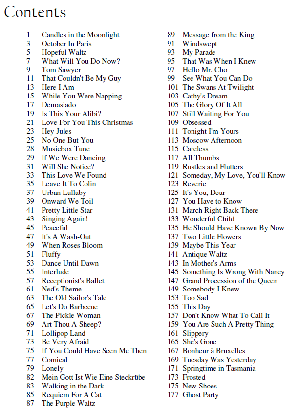table of contents, listing 85 compositions